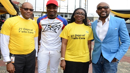 (L-r) Babatunde Osho, chief enterprise solutions officer, MTN Nigeria, HarrySong, MTN Ambassador and Artiste, Mrs. Amina Oyagbola, human resources executive, MTN Nigeria and Banky W, MTN Ambassador and Artiste at the opening ceremony of the 2014 edition of MTN 21 Days of Y’ello Care themed, “Education in a Digital World”, which held at MTN offices in Lagos, recently.